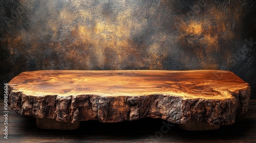 Empty wooden podium for product presentation with dark and gold painted background