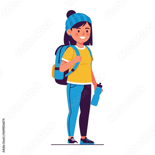 Young woman in hiking outfit ready for adventure: A young woman, sporting hiking attire, is all set for a nature expedition, a water bottle in hand, signifying the beginning of a rejuvenating journey.