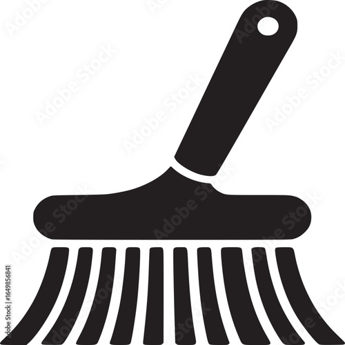 A simple black and white graphic illustration of a broom with a handle and bristles on a white background