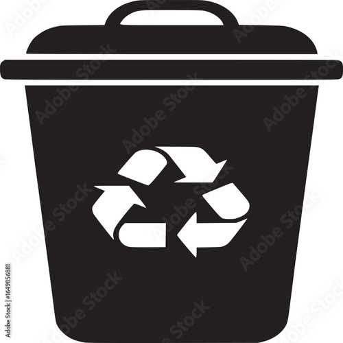 A black recycling bin with a lid and a white recycling symbol on a white background in a simple style