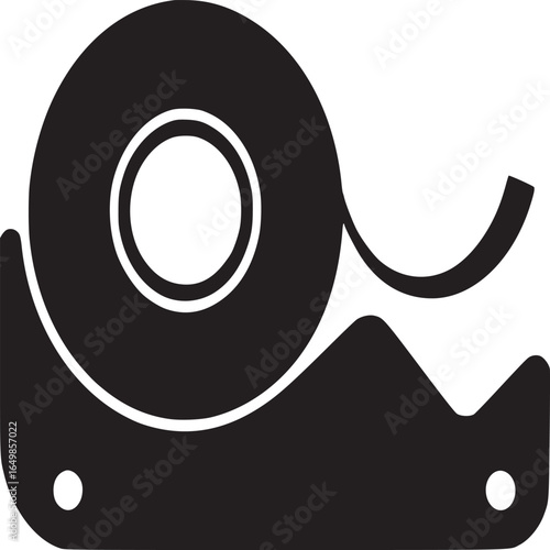 A black and white graphic of a tape dispenser with tape on a white background minimalist design