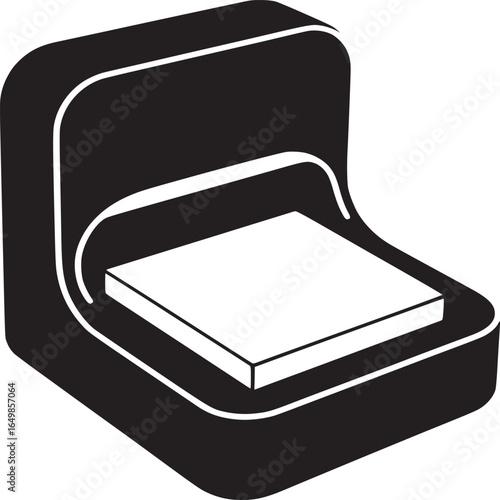A black and white graphic illustration of an open jewelry box with a white cushion inside it