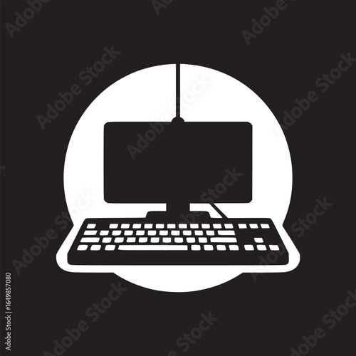 A black and white illustration of a computer with a keyboard inside a white circle shape on black