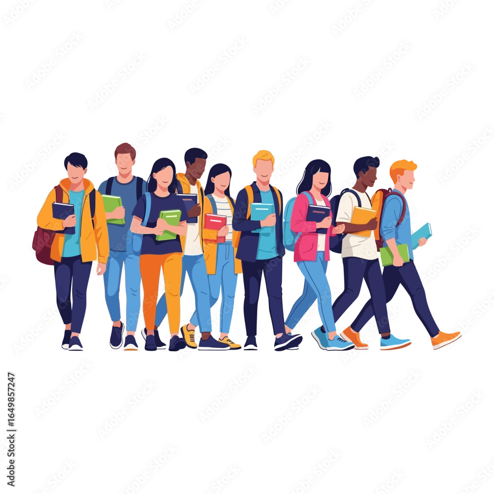 Fototapeta premium Diverse Students on the Move: A group of students strides confidently together, their path forward illuminated by knowledge and camaraderie.
