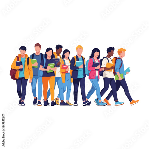 Diverse Students on the Move: A group of students strides confidently together, their path forward illuminated by knowledge and camaraderie.