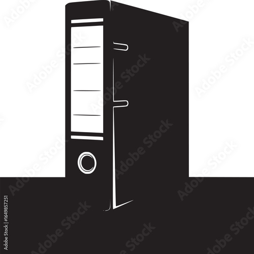 A minimalist monochrome illustration of a lever arch file standing on a dark surface against white
