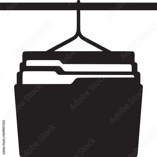 A black and white illustration of a file folder hanging from a rod with two visible file tabs inside