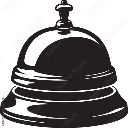 A black and white illustration of a bell with a handle on top on a white isolated background