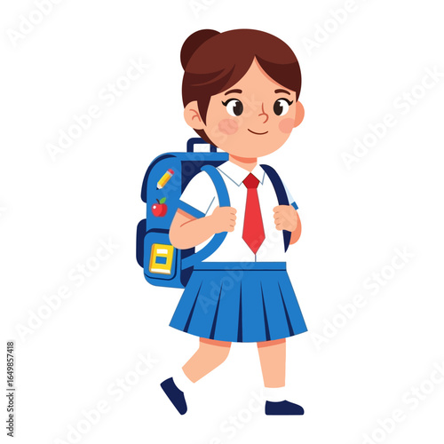 Ready for School: A charming illustration of a young schoolgirl confidently embarking on her educational journey, exuding anticipation with her backpack and uniform.