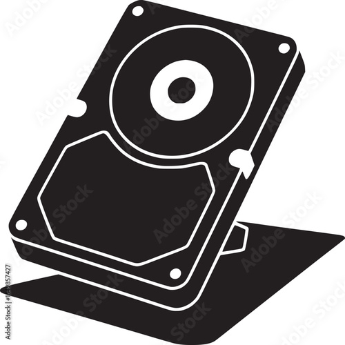 A black and white illustration of a hard drive standing on a surface with a shadow cast below it