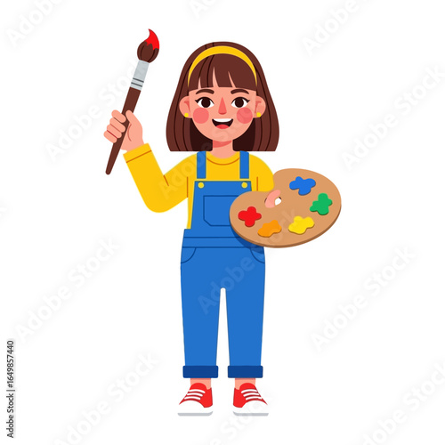 Young Artist with Palette and Brush: A youthful artist stands proudly, holding a paintbrush and a vibrant palette, embodying creativity and self-expression through art.