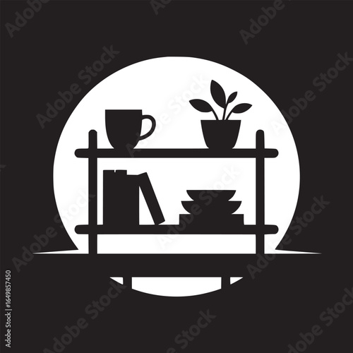 Black and white silhouette of a shelf with a cup plant books and plates against a white circle