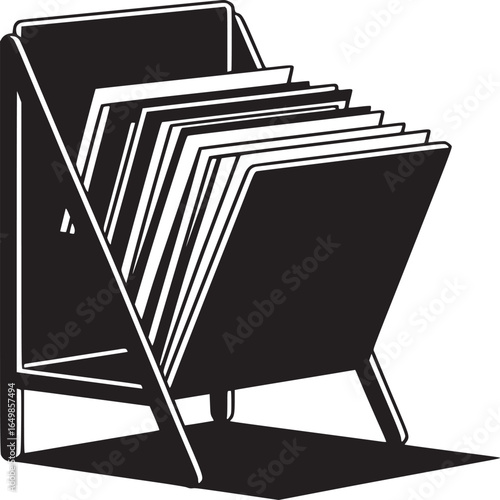 A black and white illustration of a magazine rack filled with several magazines or documents displayed
