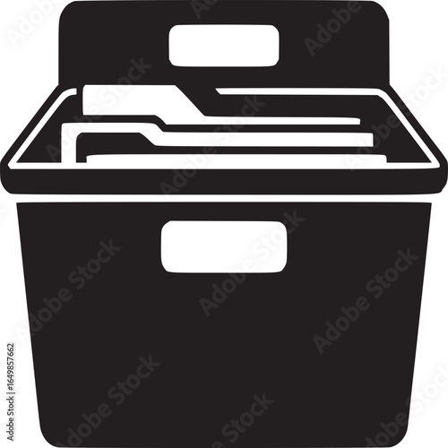A black and white graphic illustration of a file box with documents inside on a white background