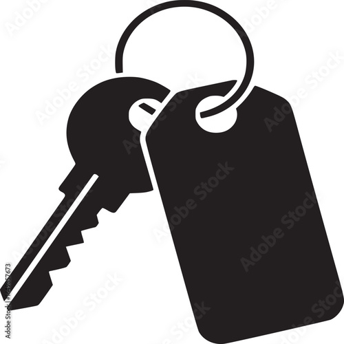 A black and white graphic illustration of a key and a tag hanging from a metal ring on a white backdrop