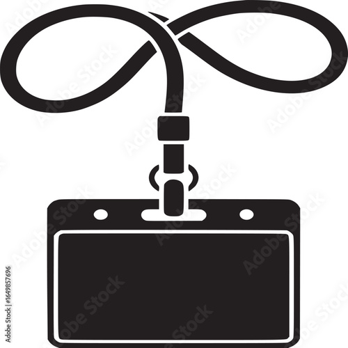 A black and white graphic of a lanyard with a badge holder hanging from it on a white background