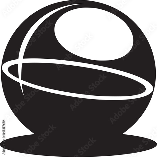 A graphic illustration of a black round basket with white accents on a white to gray gradient background