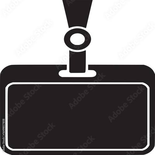 A black and white graphic of a blank id badge hanging from a black lanyard on a white background