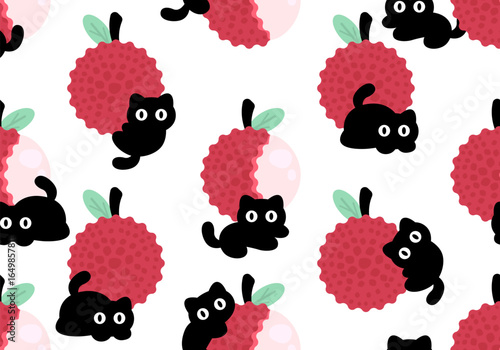 Black cats Lychee fruit, exotic plant with piked red peel. Lychee fruit, exotic tropical litchi seamless pattern. Seamless pattern with black cats