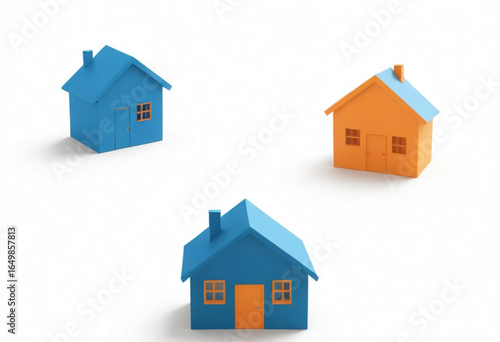 Casas 3D sobre fundo branco.