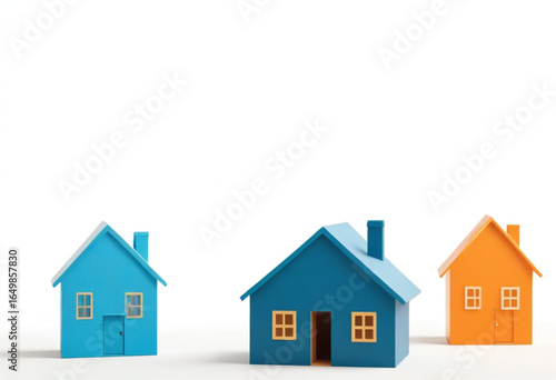 Casas 3D no fundo branco. Vetor ilustrativo.