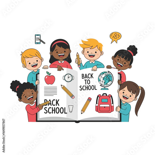 Back to School Joy: A vibrant illustration of children eagerly anticipating their return to school, showcasing elements of learning and friendship.