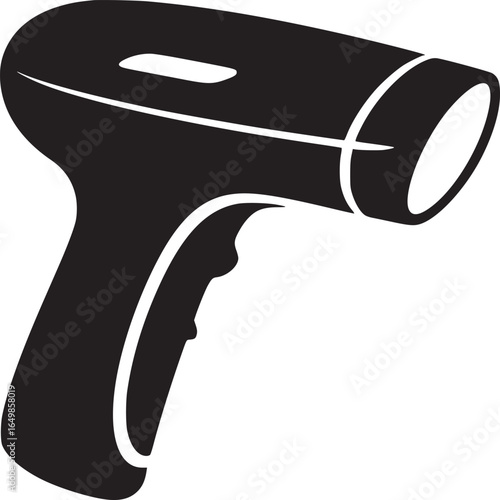 A minimalist black and white illustration of a hair dryer on a plain white background design style