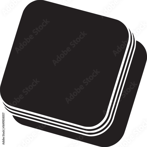 A stack of black square objects with rounded corners and white outlines on a white background