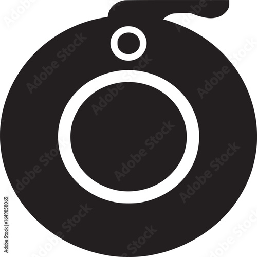 A minimalist black and white illustration of a round device with circular elements and a handle like feature