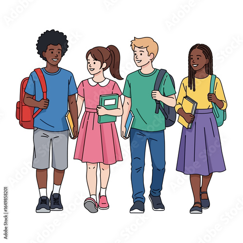 School Days: A vibrant illustration of diverse school students walking together, depicting friendship, and the excitement of school life.