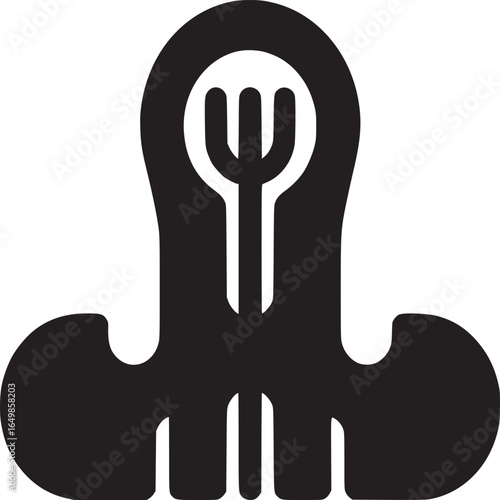 A graphic design of a black abstract shape with a fork inside on a white background simple design
