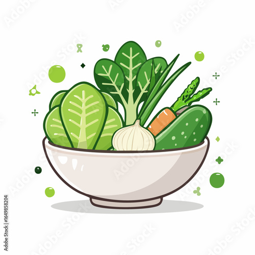 Flat style vector icon of a bowl filled with fresh green vegetables, representing healthy food and nutrition, isolated on white background.