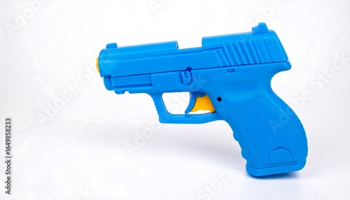 Blue plastic toy handgun on a white background.