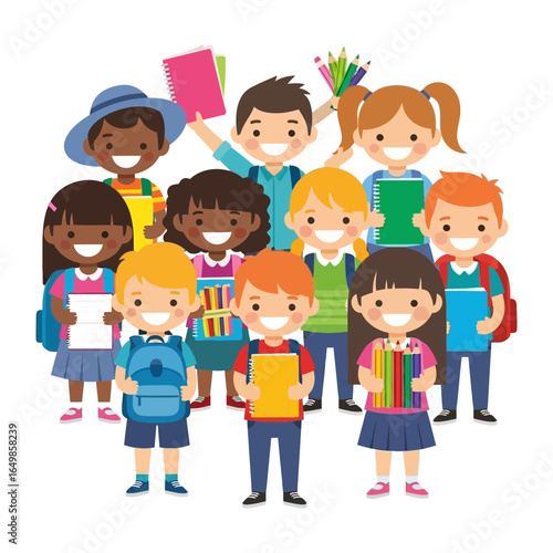 Joyful Schoolmates: A vibrant illustration of children of diverse backgrounds, arms and smiles wide, eager to learn and embrace the day, showing the unity and potential of the next generation.