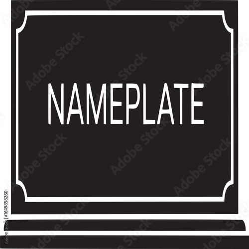 A black and white nameplate with the word nameplate in white letters on a white background plain