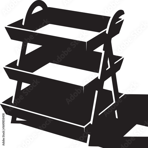 A three tiered black and white tray stand with handles and visible shadow on a white background