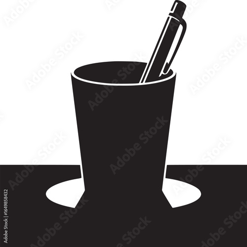 A black and white illustration of a pen in a cup on a table with a white background in a minimalist style