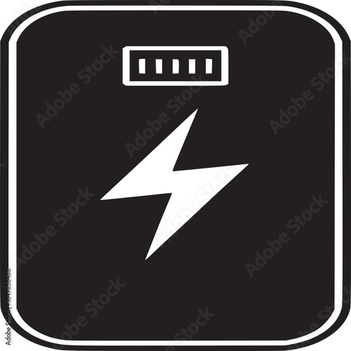 A black and white illustration of a battery icon with a lightning bolt and charge indicator symbol