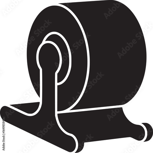 A black and white graphic illustration of a roll of toilet paper on a holder on a white background