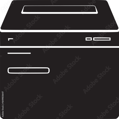 A minimalistic black and white illustration of a modern computer tower with simple line details