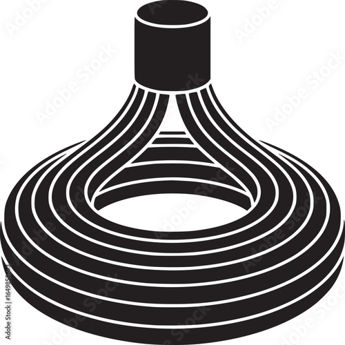 A black and white abstract shape with a cylinder on top and curved lines below it in a simple design