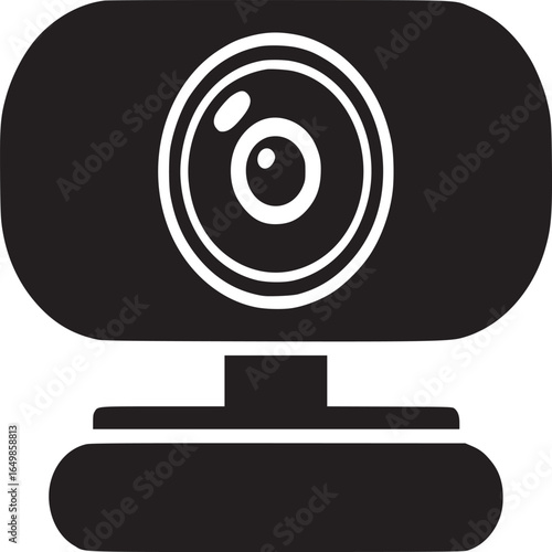 A simple black and white graphic illustration of a webcam with a stand on a white background view