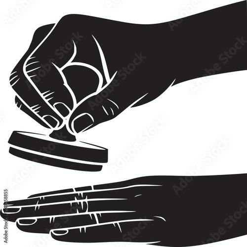 A graphic illustration of a hand holding a stamp above another hand against a white background