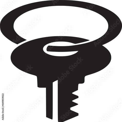 A simple black and white illustration of a key with a ring on a plain white background design