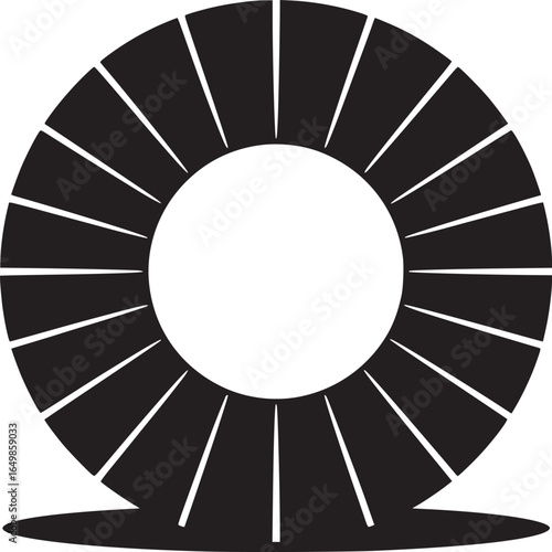 A graphic illustration of a black ring with white lines radiating inward on a white background with shadow
