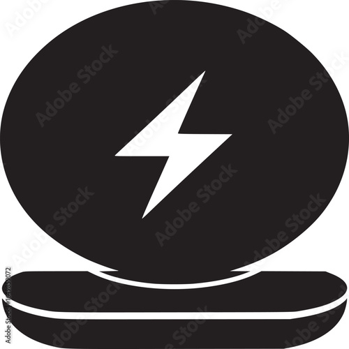 A black and white illustration of a wireless charging pad with a lightning bolt symbol on it