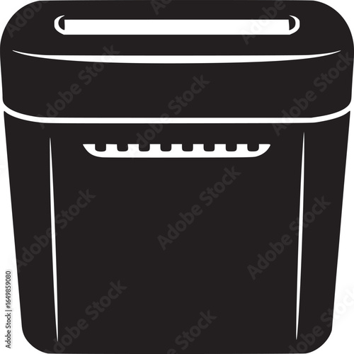 A black and white illustration of a paper shredder with a slot on top and a bin below it