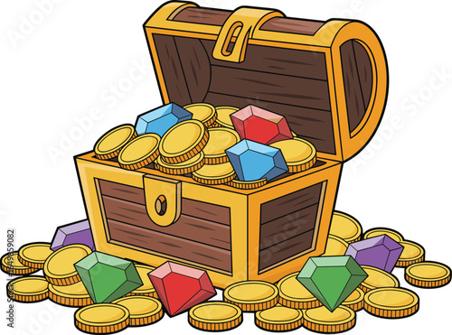 Open treasure chest overflowing with gold coins and colorful gemstones illustration