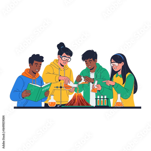 Science Class Experiment: A group of enthusiastic students collaborating on a science experiment in a well-equipped laboratory. The scene captures the energy and spirit of scientific discovery.