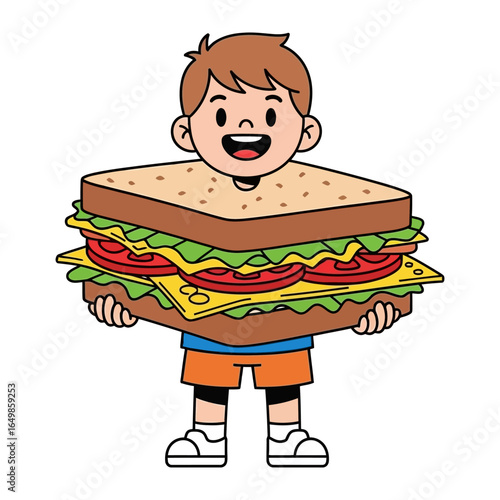 Boy and Oversized Sandwich: A delighted boy beams with happiness as he proudly holds an oversized, delicious sandwich, perfect for a fun meal or snack.
